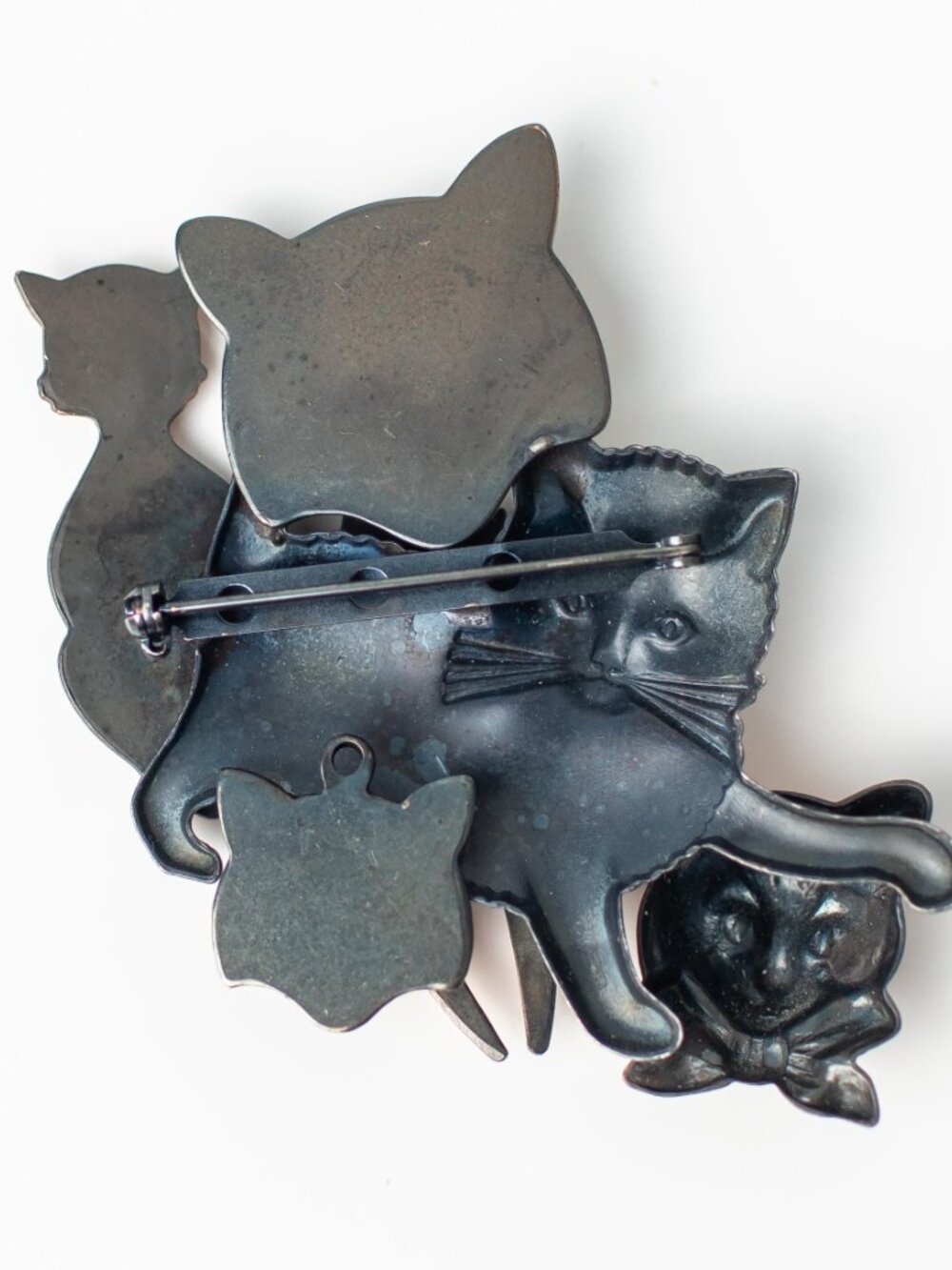 Vintage Crazy Cat Lady Brooch Layered Metal Cats Whimsical Copper Gold Silver - Picture 2 of 4